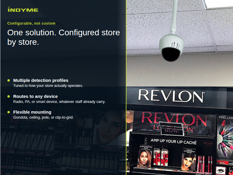 SmartDome mounted on the ceiling above a Revlon cosmetics display, with the headline 